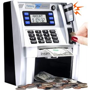 Fishboy ATM Piggy Bank for Kids with Power-Off Memory and Debit Card for Real Money, Onekey Shutdown, Coin Recognition, Target Setting, Bill Feeder, Balance Calculator, Savings Machine Box (Silver/Black)