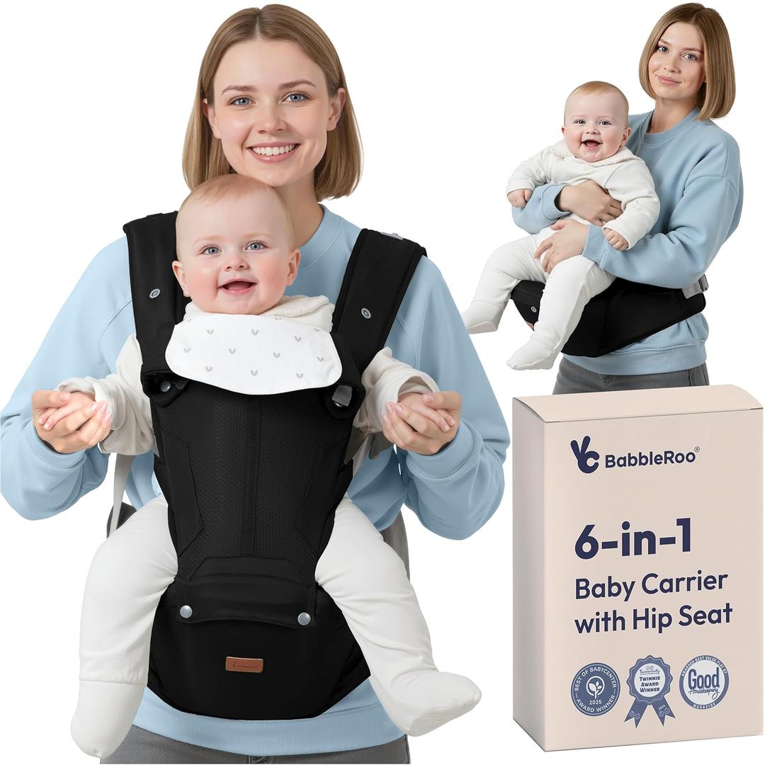 BabbleRoo Grow Carrier  Safety-Certified 6-in-1 Toddler & Baby Carrier with Hip Seat, Ergonomic & Adjustable Toddler Carrier 7-50 lbs with Hip Support, Hood for Sun Protection, Newborn to Toddler (Black)