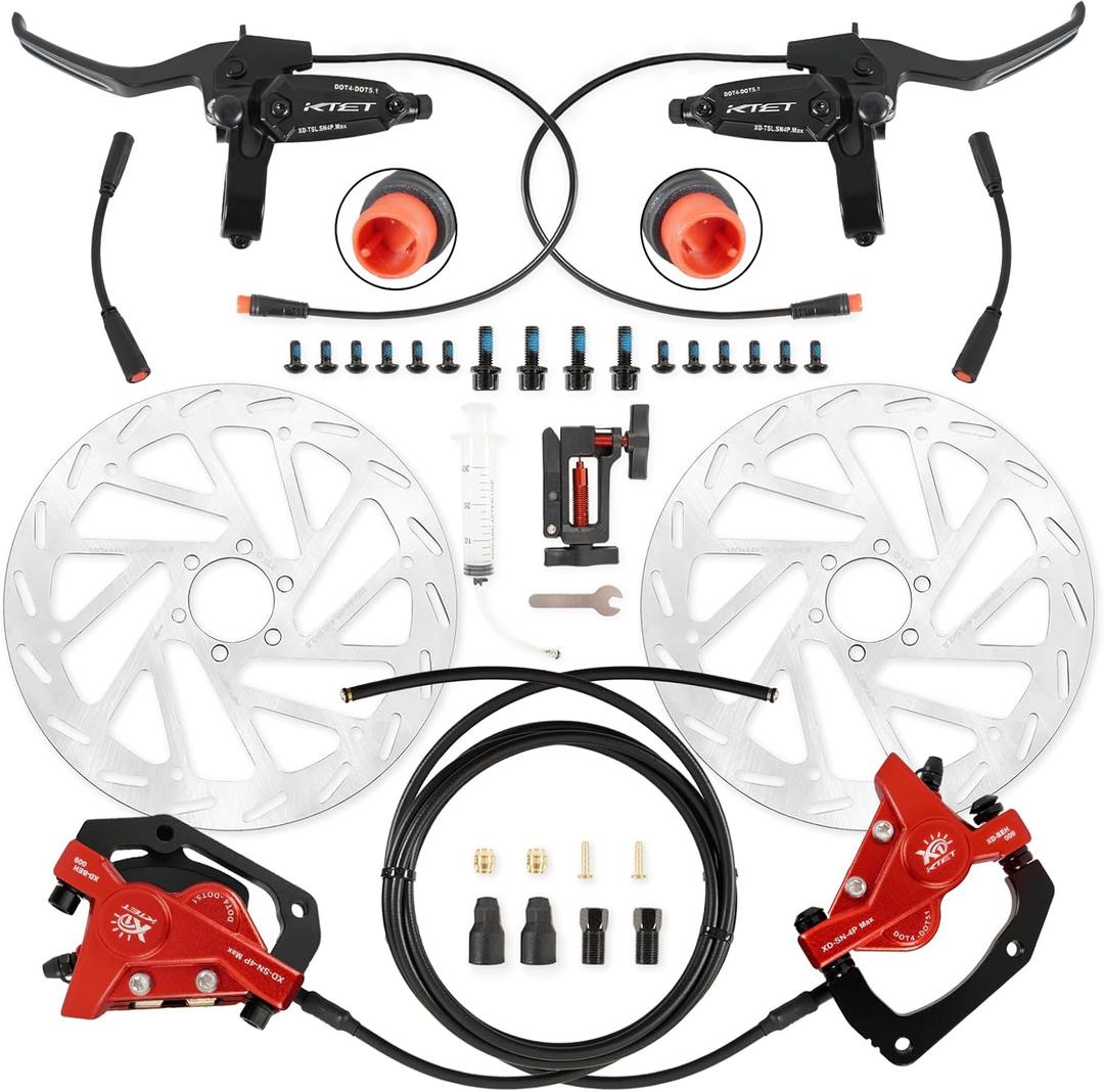 4 Piston Hydraulic Brakes for Ebike: 2 PIN Waterproof Power-Off Connector, Pre-Bleed Filled with DOT 4 Brake Fluid Brake Kit - 180mm 2.75mm Thickened Rotor (Red, 4 Piston)