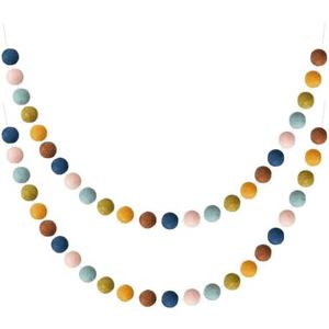 WILLBOND 2 Pieces Wool Felt Rainbow Ball Garland Colorful Pom Pom Garland for Easter Mardi Gras Classroom Halloween Thanksgiving Xmas (Multicolor)
