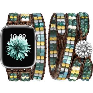 JR.DM Boho Beaded Bands for Women Compatible with Apple Watch 38mm 40mm 41mm 42mm (S10/11) Green Agate Stone Bracelet Adjustable Handmade Braided Strap for iWatch Series 11/10/9/8/7/6/5/4/SE 3/2/1