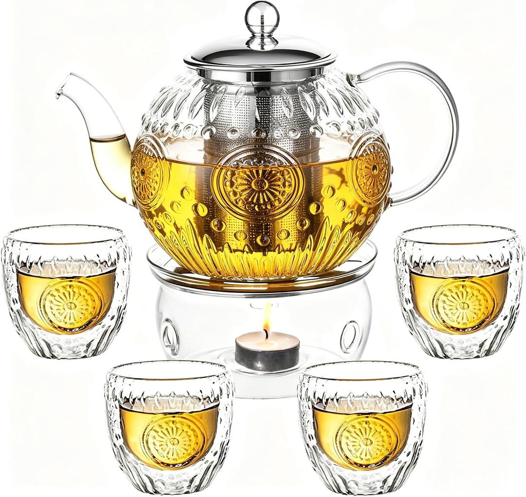 Amzcku 50OZ/1500ml Vintage Glass Teapot Set with 4 Cups, Teapot Set with Removable Infuser Stovetop Safe, Borosilicate Glass Tea Kettle for Blooming & Loose Leaf Tea