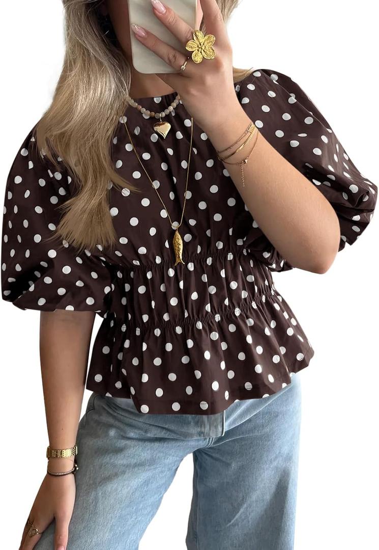 Cicy Bell Womens Polka Dots Peplum Tops Summer Puff Short Sleeve Round Neck Blouses Trendy Casual Shirts (Brown) S