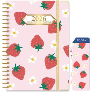2026 Planner, Jan.2026 - Dec.2026 Planner Weekly and Monthly 6.25"x8.5" with Page Tabs, Calendar Hardcover with Inner Pocket, Elastic Band, Twin-Wire Binding, Bookmark, Cute Strawberry