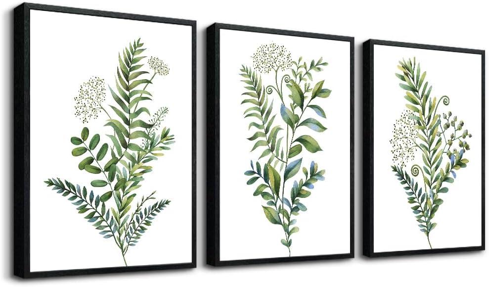 AHUASJART Large Wall Art For Living Room Bathroom Wall Decorations Kitchen Wall Decor Canvas Print Decor Modern Simple Bedroom Home Decor Green Leaves Poster Wall Paintings Black Framed 3 Pieces