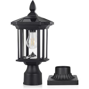 Solar Post Light, Outdoor Waterproof LED Pillar Lights with Glass and Pier Mount Base Solar Lamp Post Light ST4368Q Fits 6x6 Wooden Posts for Gates Yard Pole Column Garden Deck Pathway Driveway, 6.7 inches x 6.7 inches x 16.5 inches