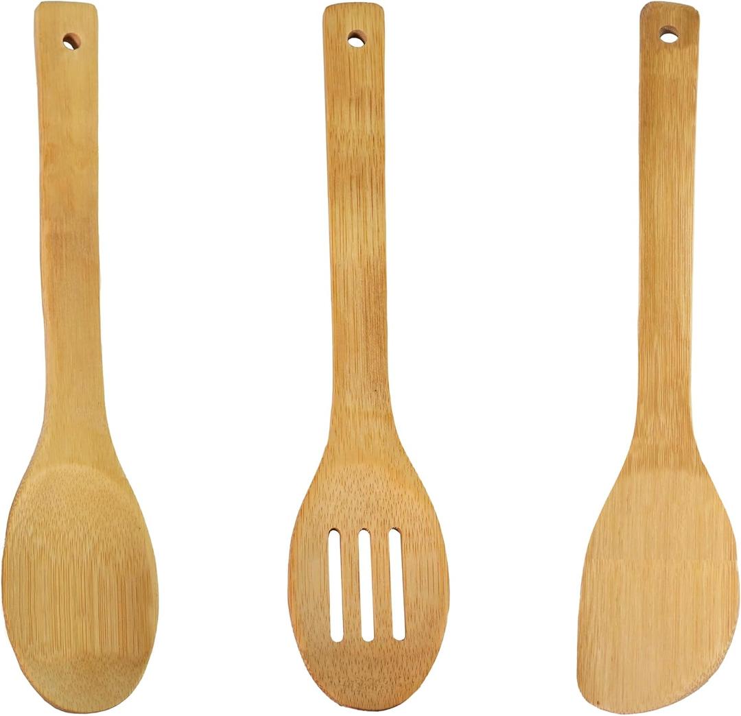 3-Piece Wooden Utensil Set for Cooking - Wooden Spoon, Slotted Spoon & Spatula - Non-Scratch, Heat Resistant Kitchen Tools for Non-Stick Pans, Baking & Stirring
