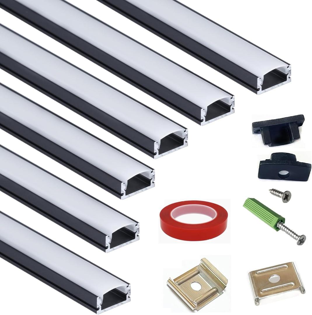 6-Pack 16-Inch U Shape Surface Mounted LED Strip Black Channel with Anti UV Diffuser - Versatile Lighting Solution for Elegant Ambiance and Enhanced Illumination