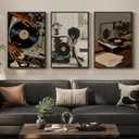 Framed African American Canvas Wall Art Set of 3, Modern Black Woman Record Music Artwork Prints, Black Girl Black Art Wall Decor for Living Room Bedroom Hallway or Music Room Decor, 16x24 Inch