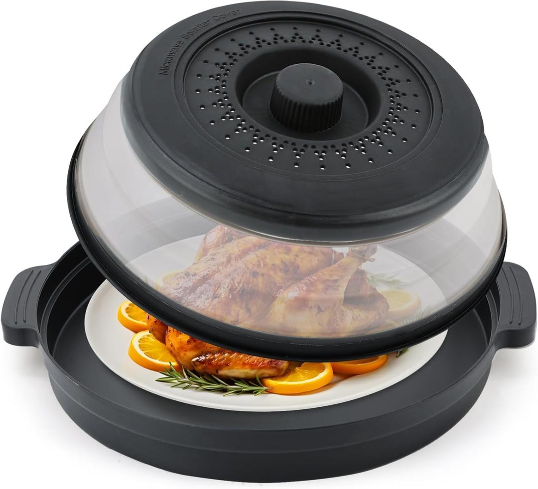 Microwave Food Splatter Cover & Base Mat,10.5 Inch Large Plastic & Silicone Vented Collapsible Guard Lid, Plate Holder & Kitchen Colander for Meal (Black)