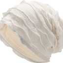 ZLYC Women Fashion Knit Slouchy Beanie Hat Thin Stretch Skull Caps (One Size, Ruffle White)