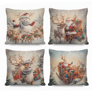 Christmas Pillow Covers 18x18 inch Set of 4, Christmas Decorations Snowman Santa Elk Sleigh Truck Plaid Winter Holiday Decor, Merry Christmas Throw Cushion Cases for Sofa Couch Living Room Home Decor 