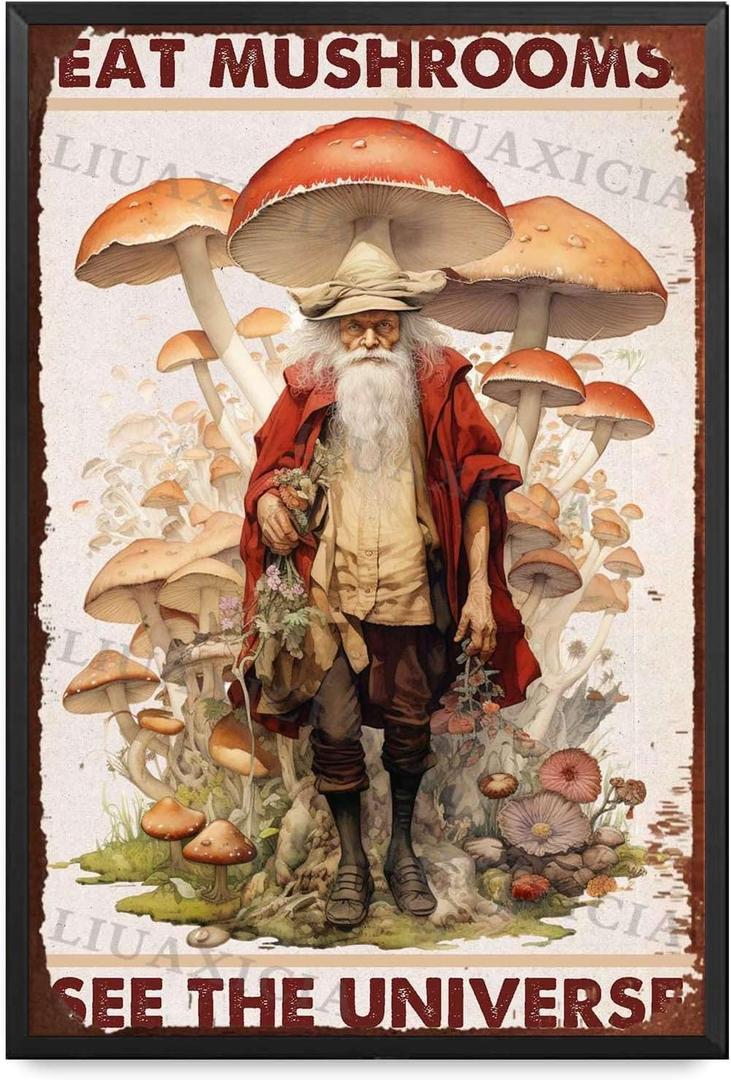 2 x Vintage Tin Sign Eat Mushrooms See The Universe For Men Women Wall Decor Bars Restaurants Cafes Pubs 8.00"x12.00" with Metal Frame
