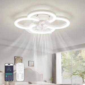 Low Profile Ceiling Fans with Lights and Remote, Fandelier Ceiling Fan Flush Mount, 3000K-6500K Smart 5 Blades LED Fan Light, Small Ceiling Fans with Lights for Bedroom, Kitchen, 18 inch