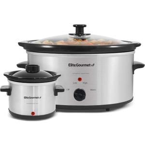 Elite Gourmet MST-500D Electric Slow Cooker, Includes 0.75-Quart Dipper with Adjustable Temp, Entrees, Sauces, Stews & Dips, Dishwasher Safe Glass Lid & Crock, 5 Quart, Stainless Steel