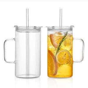 26oz Large Ribbed Glass Tumbler with Handle and Lid - Set of 2, Clear Glass Cups with Reusable Straws, Vertical Striped Design - Perfect for Iced Coffee, Tea, Smoothies, and Cocktails