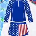 Girls Rash Guard Swimsuit 2Pcs Quarter-Zip Long Sleeve Sun Protection Bathing Suit + Swim Shorts for Girl 9-16Y (Blue)
