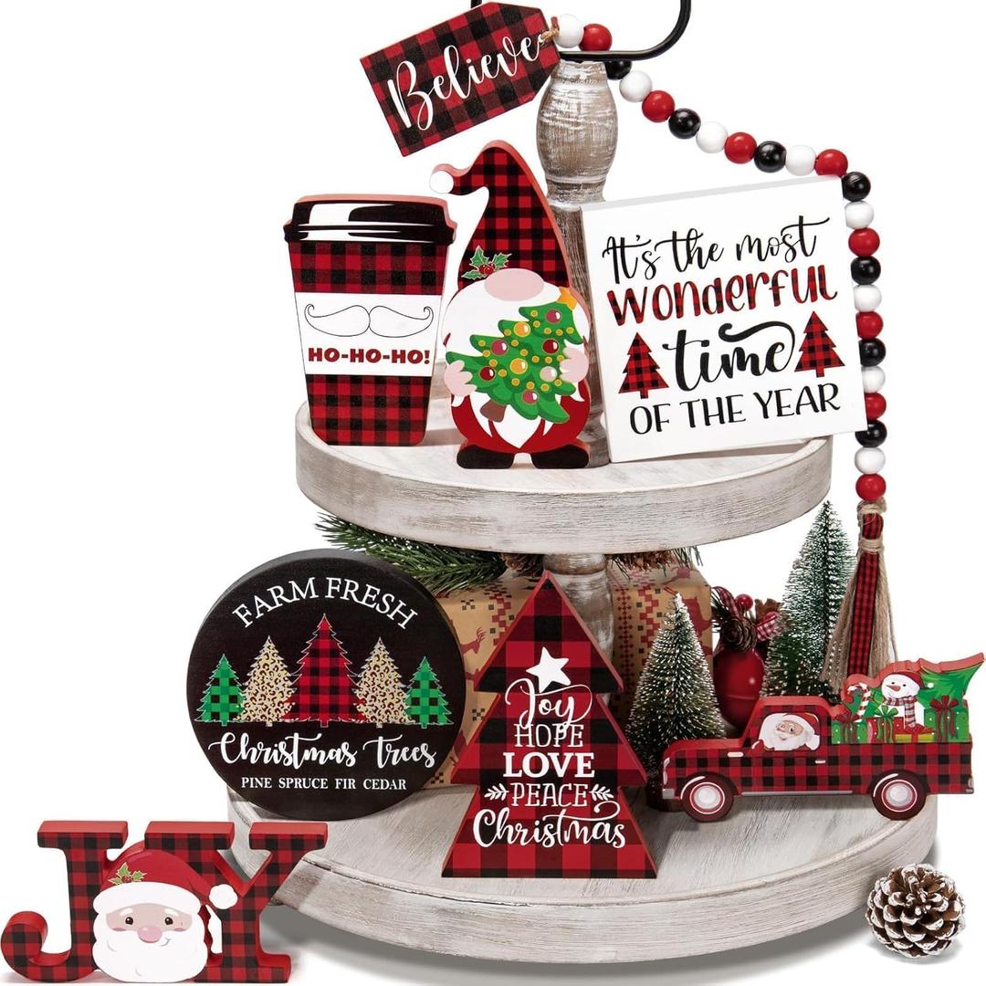 Christmas Tiered Tray Decor 8 PCS Xmas Decorations Indoor - Believe Merry Christmas Table Decor Wooden Signs - Xmas Farmhouse Decor 3 Tier or 2 Tier for Home Room Kitchen Mantel Holiday (Red & Black Buffalo Plaid)