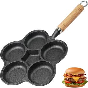JUSTUP Nonstick Frying Pan,5-Cup Cast Iron Egg Pan Divided Grill Pan with Wooden Handle,Breakfast Skillet Omelet Pan for Egg,Steak and Burgers (Black-5)