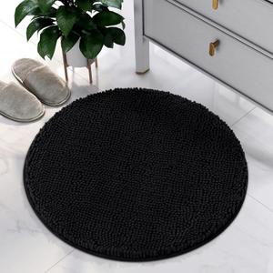 HOMEIDEAS Round Bathroom Rug, Luxury Chenille Shaggy Extra Soft and Absorbent Non Slip Machine Washable Bath Mat (Black, 2 Ft)