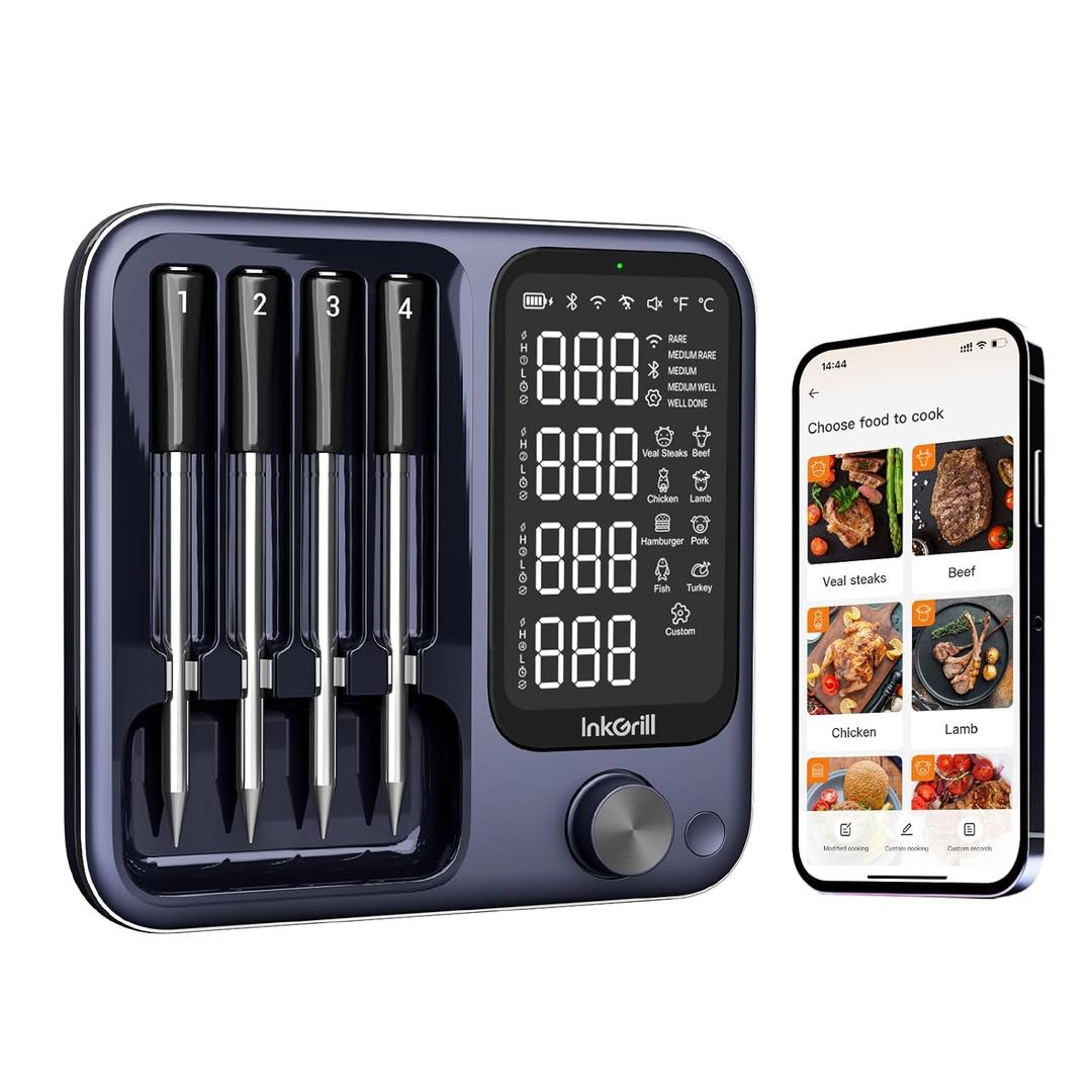 Wireless Meat Thermometer with APP Control4 Probes Meat Thermometer Digital, Unlimited Range WiFi & Bluetooth Meat Thermometerfor for RotisserieGrillOvenSmokerBBQ, Air Fryer