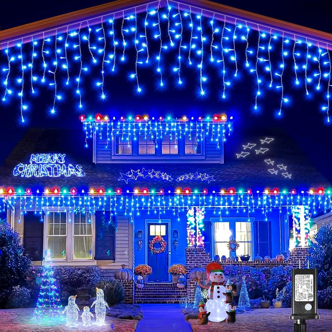 Blue Christmas Lights Outdoor - 99 ft 1216 LED Icicle Lights for Outside - Plug in 8 Modes Twinkle Lights for Christmas Decorations Outdoor House Patio Window Yard