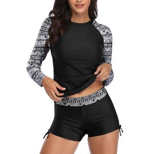 Aqua Eve Women Two Piece Rash Guard Long Sleeve Swimsuit Swim Shirt with Shorts Modest Bathing Suit UPF 50+ Ethnic XL (XL)