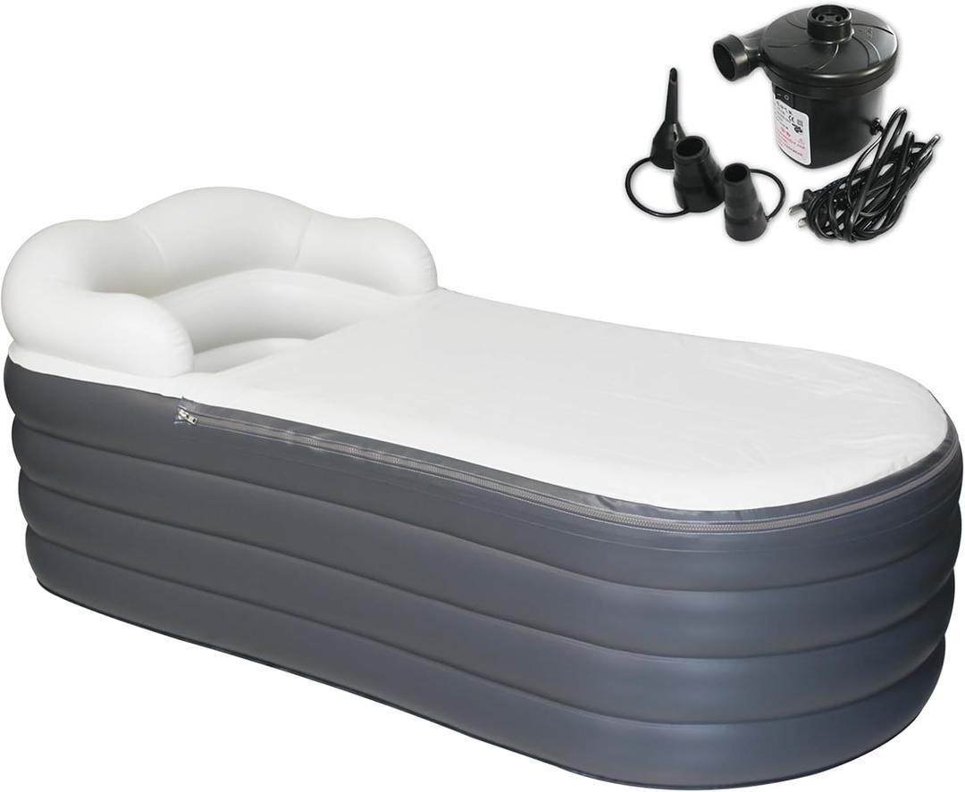 B&Y Inflatable Soaking Bathtub for Adult, 66'' Large Portable Ice Bath Tub Family Home Spa Soaking Tub with Zipper Cover, Designed with Headrest, Cup Holder (Air Pump Included) (168x76x68cm)