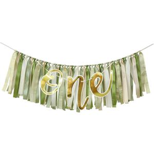 Green Ribbon Tassel Garland Fabric Tassel Banner for Gender Neutral One Baby Shower Photo Booth Birthday Decoration