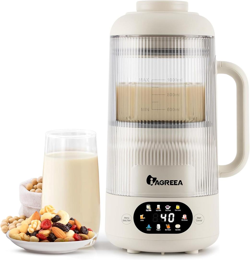 IAGREEA Nut Milk Maker Machine, Beige, 10 in 1 Noise Reducing Soy Milk Maker with 8 Blades, 35oz, Homemade Oat, Juice, Yogurt, Milk Shake, 12H Delay, 6H Keep Warm, BPA-Free, Self-Cleaning