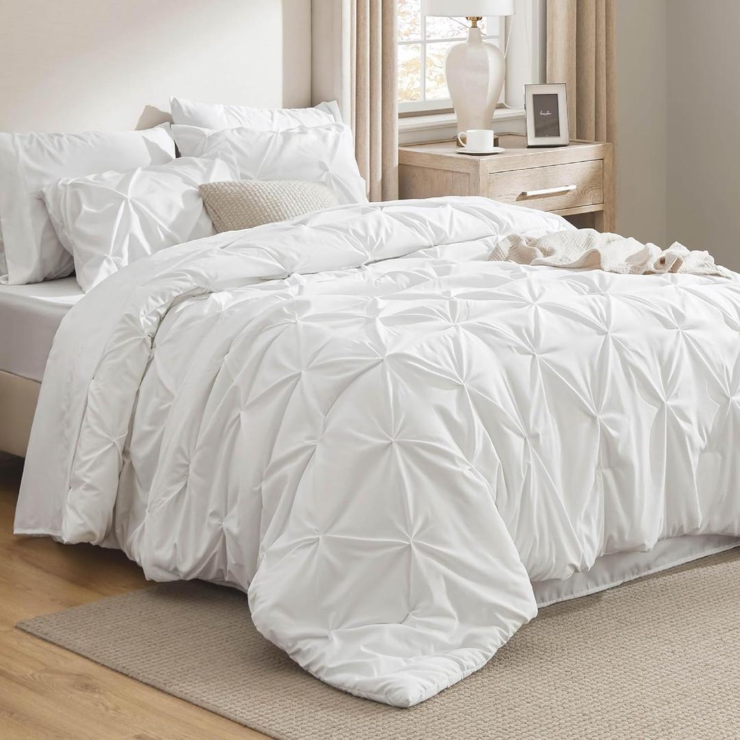 Bedsure Queen Comforter Set White - Bed in a Bag Queen Size Bedding 7 Pieces, GentleSoft Pintuck Bed Set Gift for Family, Pinch Pleat All Season Comforter with Sheets, Pillowcases & Shams