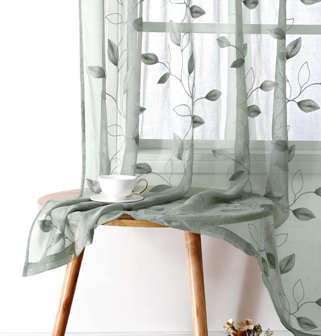 HOMEIDEAS Sage Green Sheer Curtains 52 X 84 Inches Long 2 Panels Embroidered Leaf Pattern Pocket Faux Linen Floral Semi Sheer Voile Window Curtains/Drapes for Bedroom Living Room
