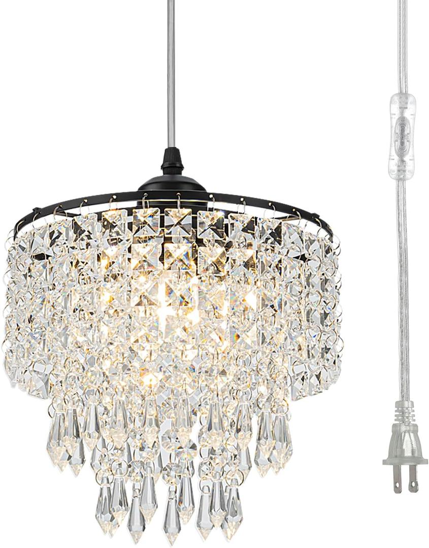 8" Chandelier Plug in Crystal Chandelier Pendant Light Plug in with 16.4ft Cord Hanging Lights 3-Tier Crystal Raindrop Chandeliers for Bedroom Kitchen Island Hallway Bathroom Closet (Black)
