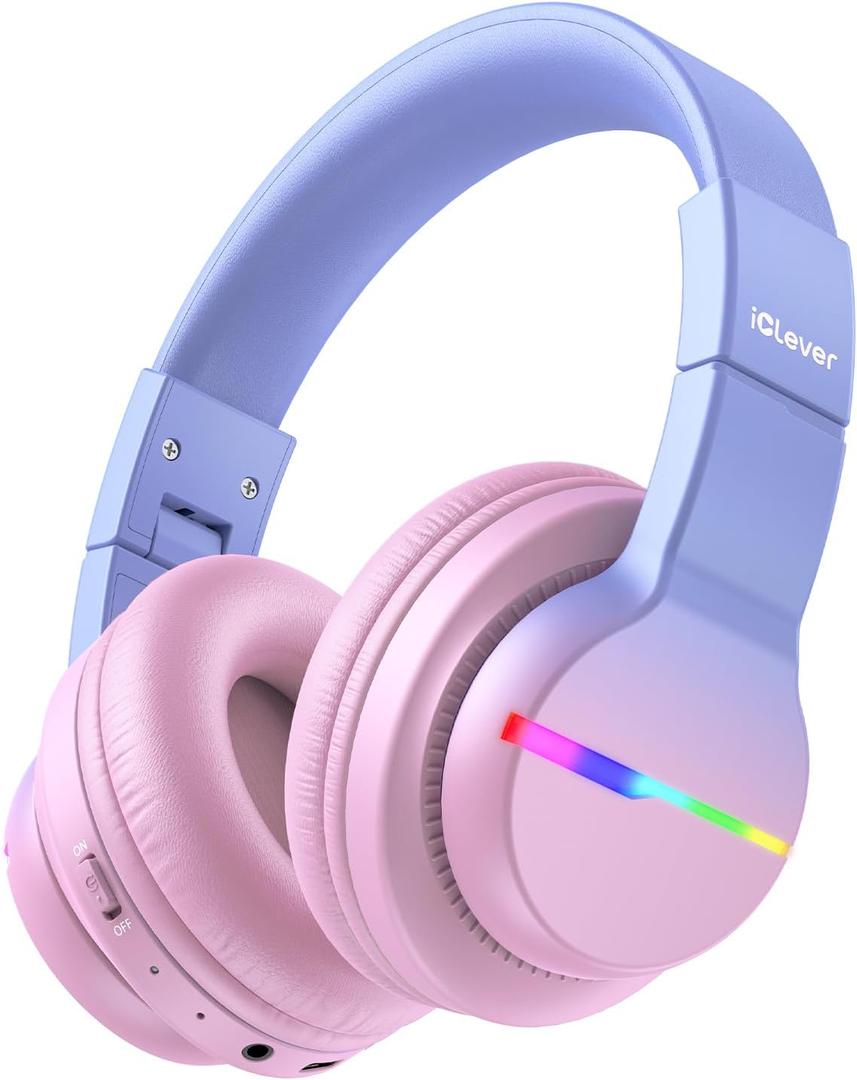 iClever BTH12 Kids Bluetooth Headphones,Colorful LED Lights,74/85dBA Safe Volume,85H Playtime,Fast Charging,Bluetooth 5.2,Over Ear Kids Headphones Wireles for iPad/Tablet/Airplane, Gradient Pink