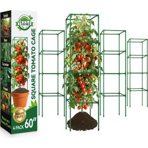 Halatool 4 Pack 60 Inches Square Tomato Cages for Garden, Heavy Duty Adjustable Metal Tomato Trellis for Climbing Plants – Green Plant Support Stakes for Vegetables Flowers Fruits & Raised Bed Outdoor