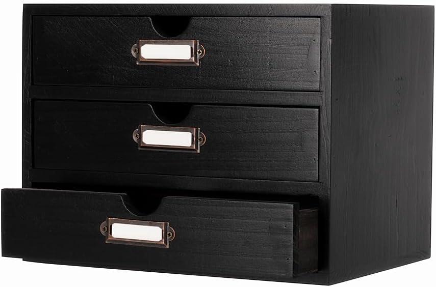 Wooden Storage Box Rustic Desktop Organizer with 3 Drawers Office Desk Accessories Shelf Small Craft Storage Containers Apothecary Cabinet and Chest Jewelry Holder for women(BLACK)