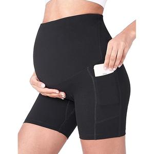 POSHDIVAH Women's Maternity Yoga Shorts Over The Belly Bump Summer Workout Running Active Short Pants with Pockets 5"/8", Size: Medium, Black