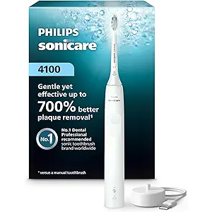 Philips Sonicare 4100 Series Electric Toothbrush  Sonic Toothbrush with Advanced Sonic Technology, Pressure Sensor, Two Intensity Settings, Smartimer & Quadpacer, White, Model HX3681/23