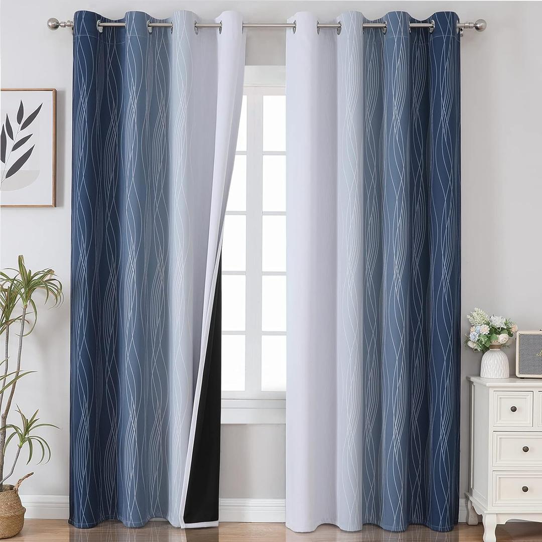 Estelar Textiler Blackout Curtains 90 Inches Long 2 Panels, Navy Blue and Greyish White Thermal Insulated Energy Saving Ombre Drapes for Bedroom,Light Blocking Grommet Curtains for Living Room,52Wx90L