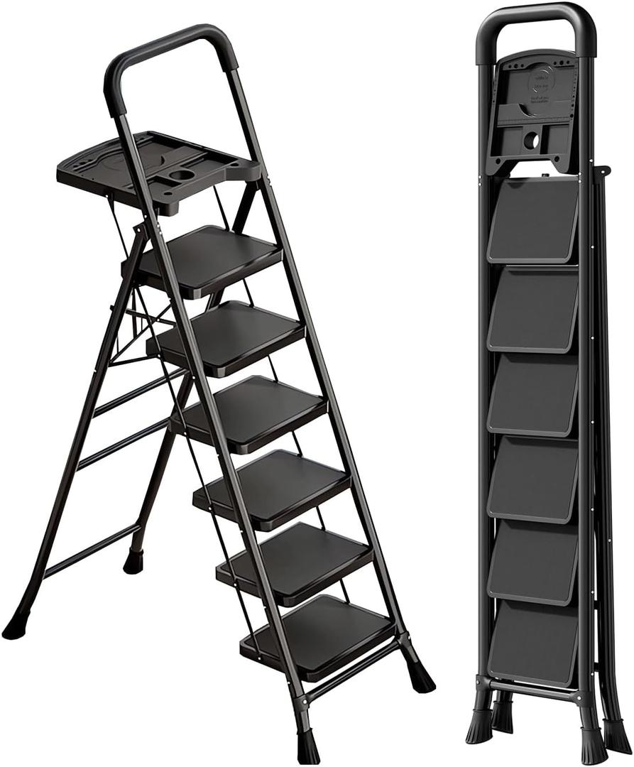 6-Step Ladder with Tool Tray,Portable Step Tool 330lb Load,Folding Anti-Slip Step Ladder with 10"x15" Anti-Slip Widen Pedals,Handrail,Safe-Lock Design Carbon Steel Step Ladder for Home Kitchen+1 (Black)