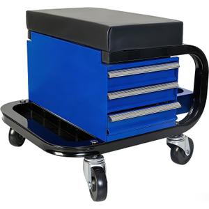 Rolling Mechanic Stool with Wheels, Creeper Seat with 3 Built-in Tool Drawers, Side Tool Tray & Rear Bottle Tray for Shop & Work, Garage Use (14" L × 15" W × 15" H), Universal