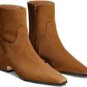 Coutgo Womens Booties Low Heel Ankle Boots Square Pointed Toe Chunky Heel Side Zipper Dressy Fall Boots Shoes (8, Brown)