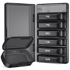 PULIV Weekly Pill Organizer with Large Capacity, Dual Protection Pill Box 7 Day, Arthritis Friendly Pill Case Easy to Open, Medicine Organizer for Vitamins, Medications, Fish Oils, Supplements (Black)