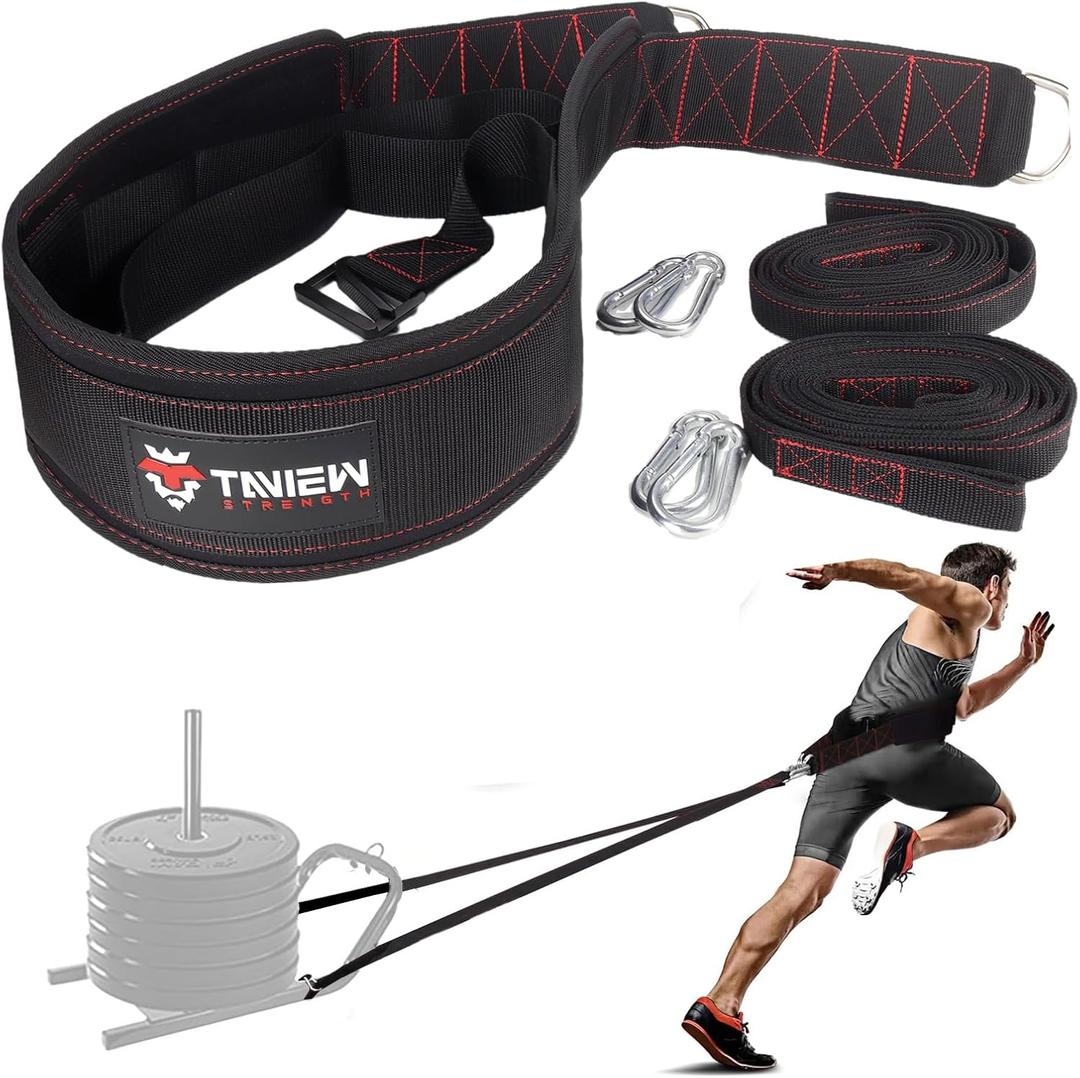 TAVIEW Sled Pulling Belt with Adjustable Closure, 2 Sled Pulling Straps & 4 Hooks  Ideal for Resistance Training, Strength (Black&red)