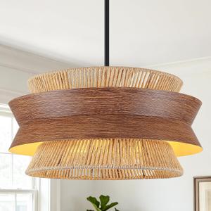 23.6" Large Hand-Woven Rattan Chandelier with Wood Texture | 4-Light, Boho Farmhouse Chandelier, Adjustable Height, for Dining Room Kitchen Island Living Room Bedroom Hallway