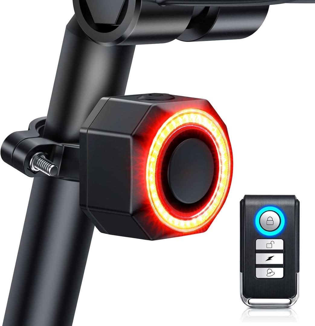 Bike Alarm with Remote, Bike Tail Light & Brake Light Auto ON/Off USB-C Rechargeable, 110dB Bicycle Alarm System Anti Theft Vibration Motion Sensor for Bike, Ebike, Scooter, IP65 Waterproof