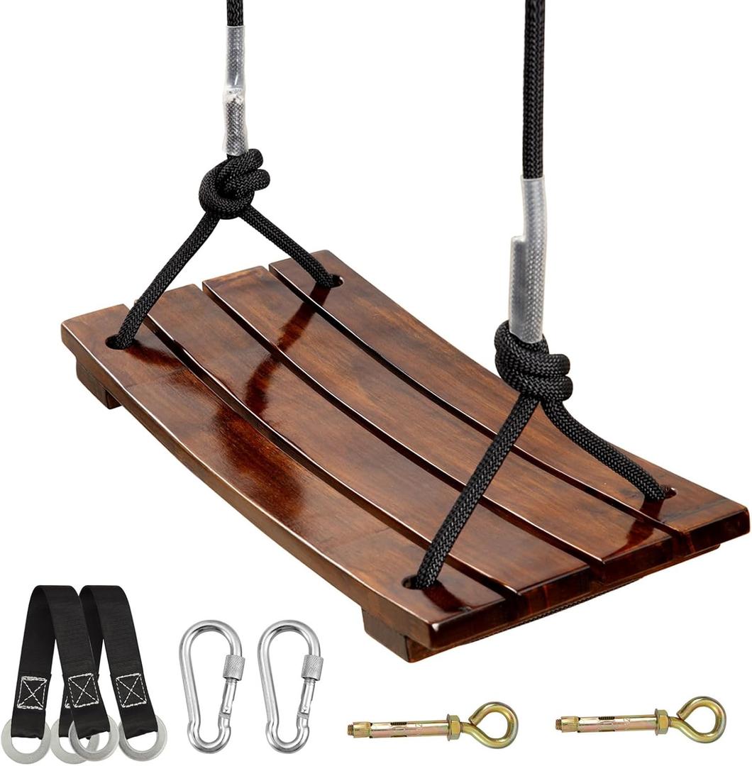 PELLOR Wooden Swing Seat, Carbonized Hanging Wood Tree Swing 17.7 x 7.9 x 0.5 in for Adult Kids Children Anticorrosive & 100% Waterproof 440lbs Load Indoor Outdoor Backyard Play (Brown)