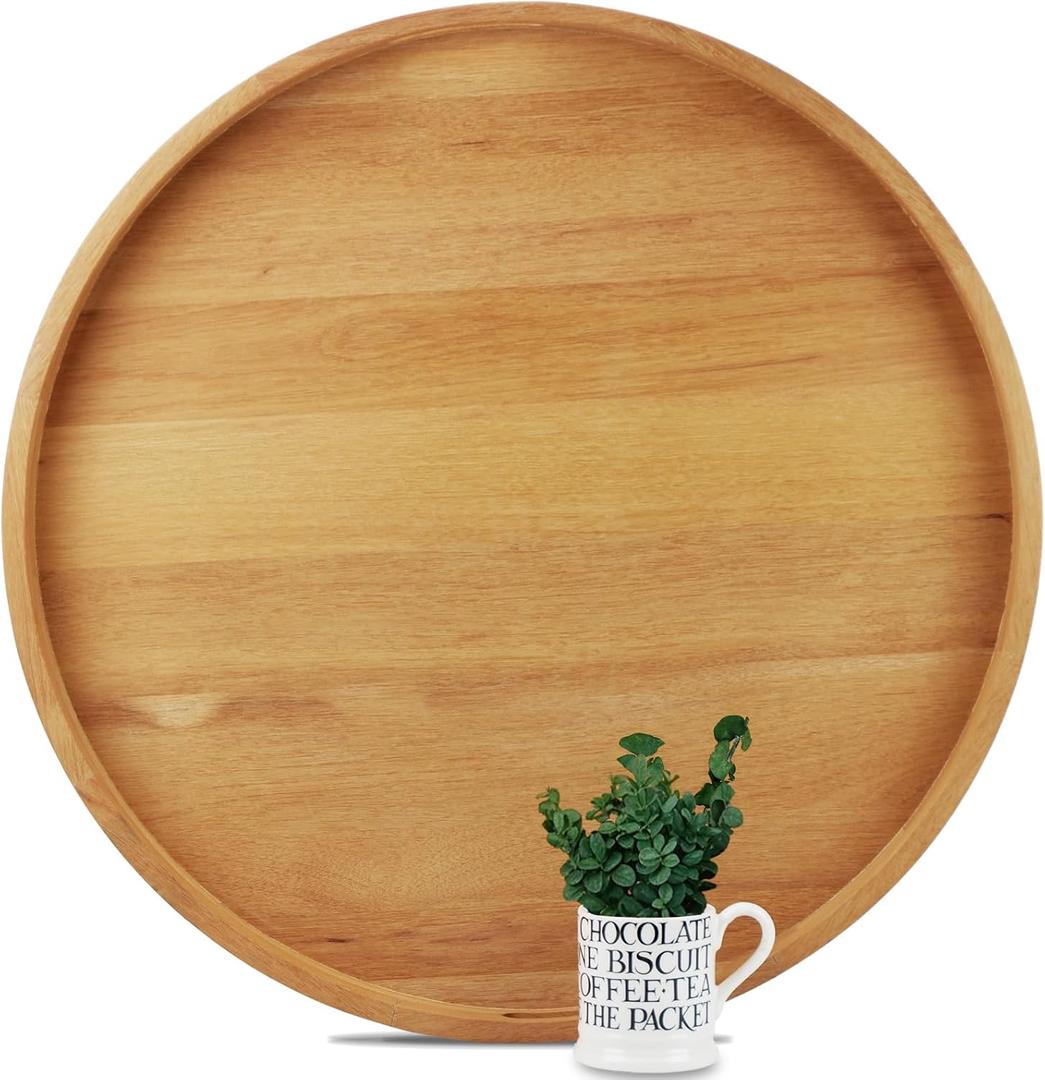 26" Extra Large Round Teak Wood Ottoman Tray with Handles