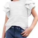 blibean Girls Ruffled Short Sleeve Textured Tops Shirts Size 6-15 Years (White, L)