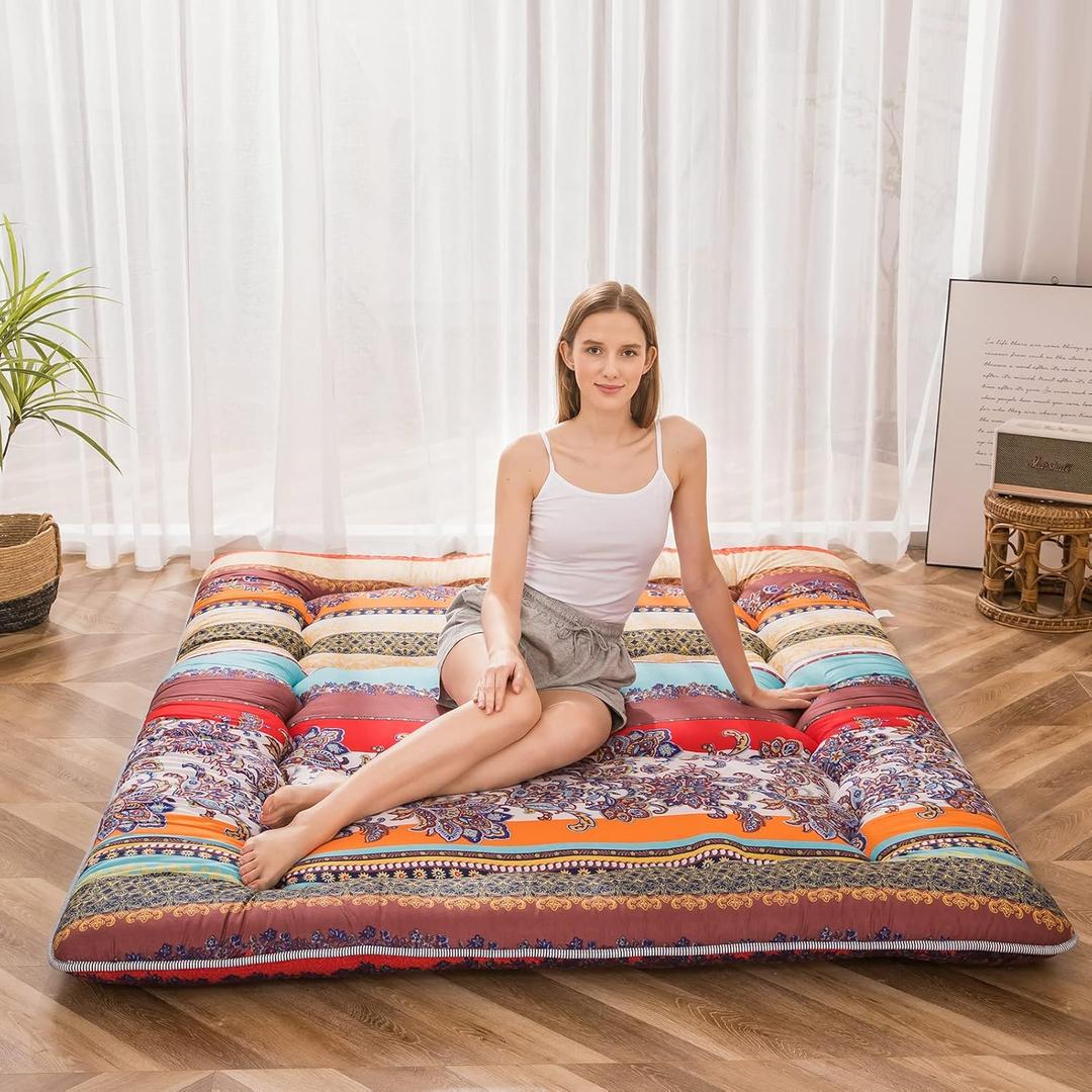 MAXYOYO Bohemian Retro Floor Mattress Vintage Floral Japanese Futon Mattress Roll Up Thicken Sleeping Bed Portable Camping Mattress Floor Lounger Couch Bed Mattress Pad, King Size